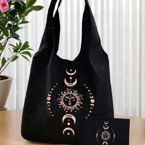 Celestial Black Tote Bag with Sun and Moon Design